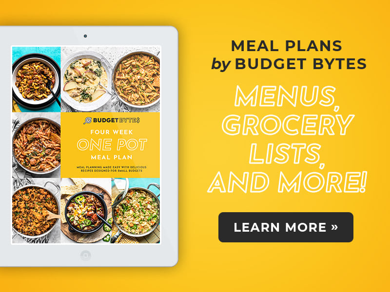 Image of One Pot Meal Plan ebook cover. Text - Meal Plans by Budget Bytes. Menus, Grocery Lists, and More. Button that says Learn More. All on yellow background.